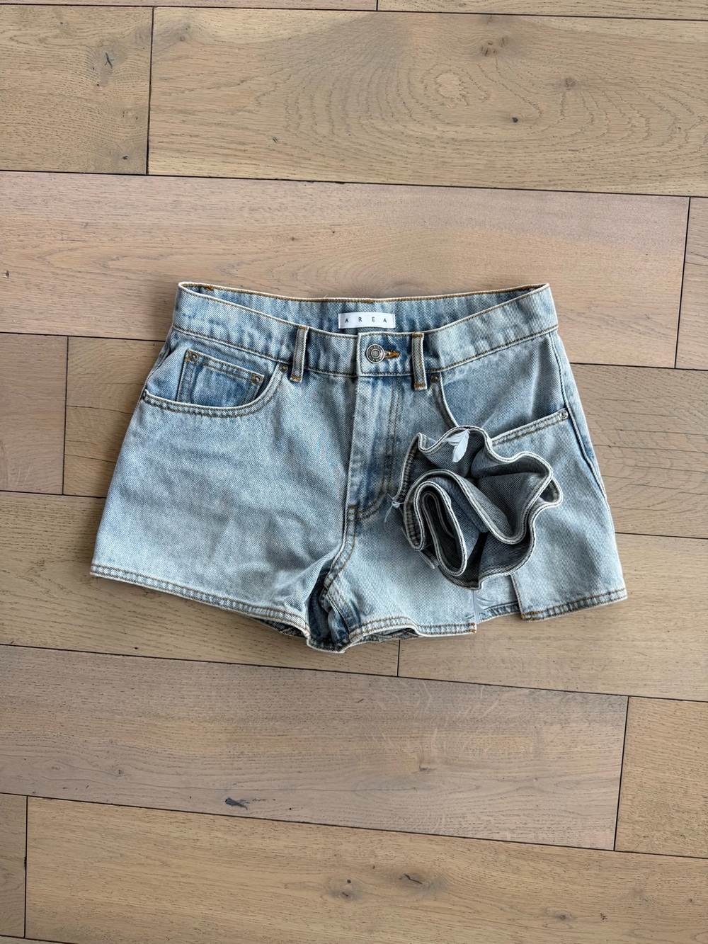 AREA Light Blue Denim Short with Front Ruffle Accent